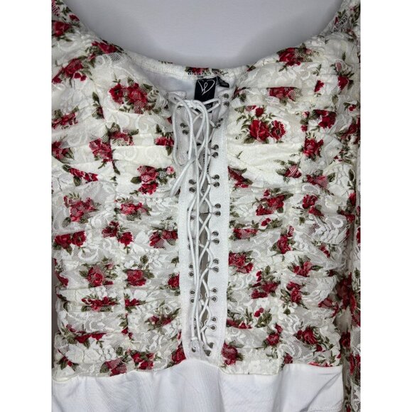 WINDSOR NEW Bodysuit Womens M Lace Floral Corset Lace Up Snap Sheer - Picture 6 of 8